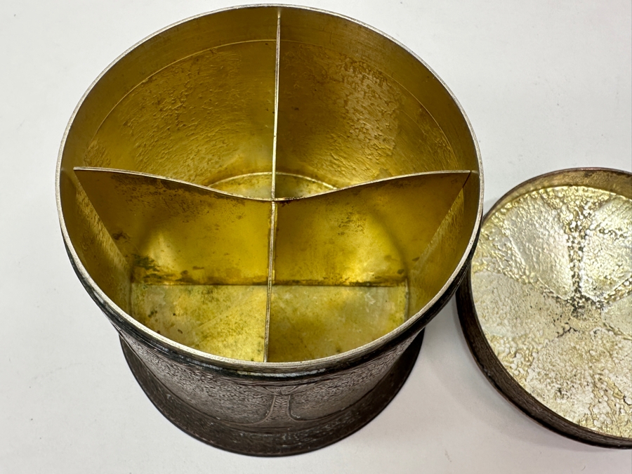 Just Added - Vintage Ornate Silver Plated 4 Compartment Storage Container Lidded Box With Hallmarks Underneath And Intricate Chased Design 3.5W X 3.5H [Photo 8]