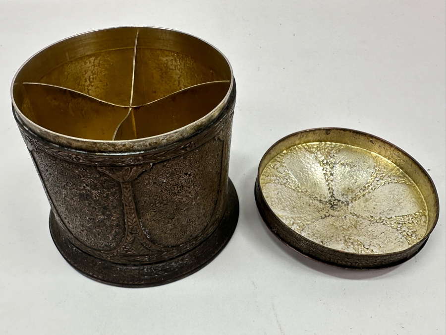 Just Added - Vintage Ornate Silver Plated 4 Compartment Storage Container Lidded Box With Hallmarks Underneath And Intricate Chased Design 3.5W X 3.5H [Photo 9]