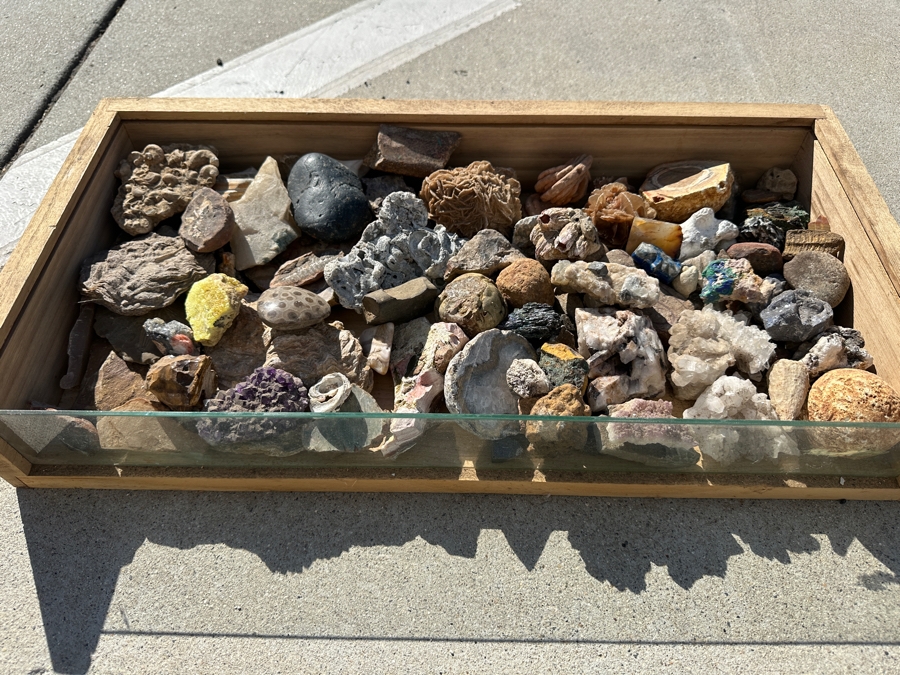 Just Added - Collection Of Various Rocks, Minerals, Crystals & Fossils In Wooden Display Box With Glass Top - See Photos [Photo 3]
