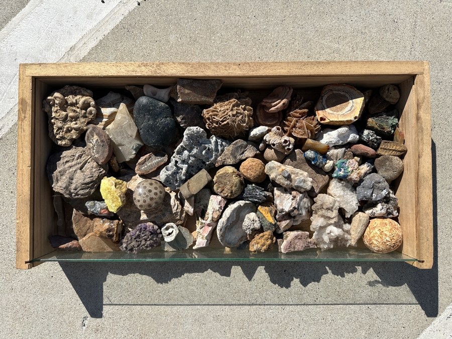 Just Added - Collection Of Various Rocks, Minerals, Crystals & Fossils In Wooden Display Box With Glass Top - See Photos [Photo 4]
