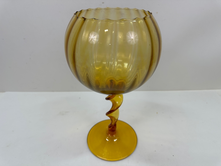 Just Added - Vintage Empoli Twisted Ribbon Stem Yellow Amber Glass Vase Compote Snifter Bowl 11”H [Photo 3]