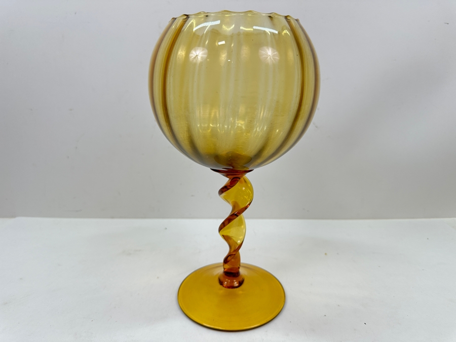 Just Added - Vintage Empoli Twisted Ribbon Stem Yellow Amber Glass Vase Compote Snifter Bowl 11”H [Photo 2]