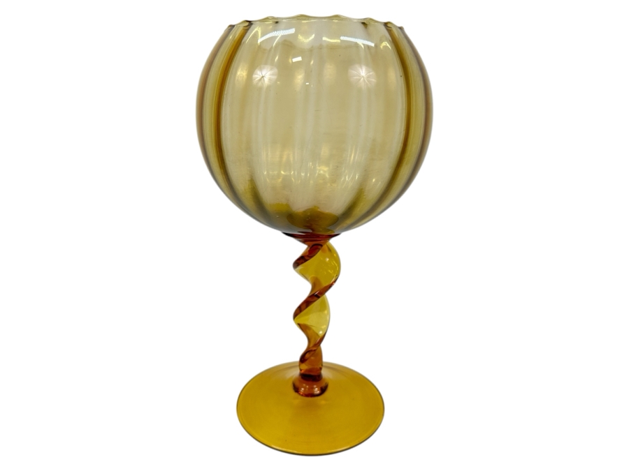 Just Added - Vintage Empoli Twisted Ribbon Stem Yellow Amber Glass Vase Compote Snifter Bowl 11”H