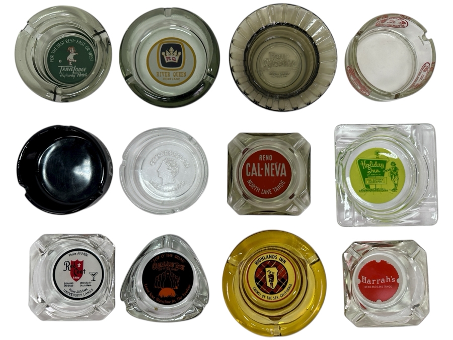 Just Added - (12) Vintage Glass Advertising Ashtrays From Casinos, Motels & Bowling Alleys