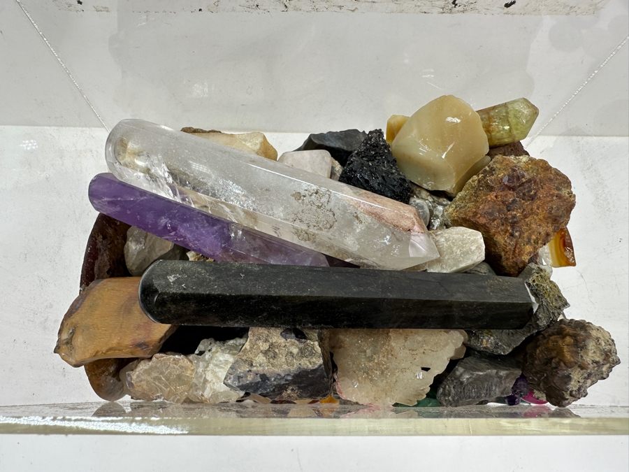 Just Added - Large Acrylic Jar Filled With Various Stones, Crystals & Fossils 8W X 5D X 13H Weighs 23.2lbs - See Photos [Photo 3]