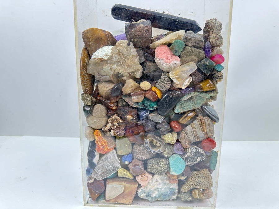 Just Added - Large Acrylic Jar Filled With Various Stones, Crystals & Fossils 8W X 5D X 13H Weighs 23.2lbs - See Photos [Photo 2]