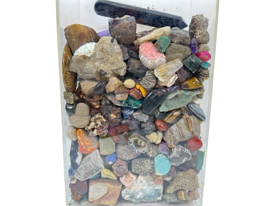 Just Added - Large Acrylic Jar Filled With Various Stones, Crystals & Fossils 8W X 5D X 13H Weighs 23.2lbs - See Photos