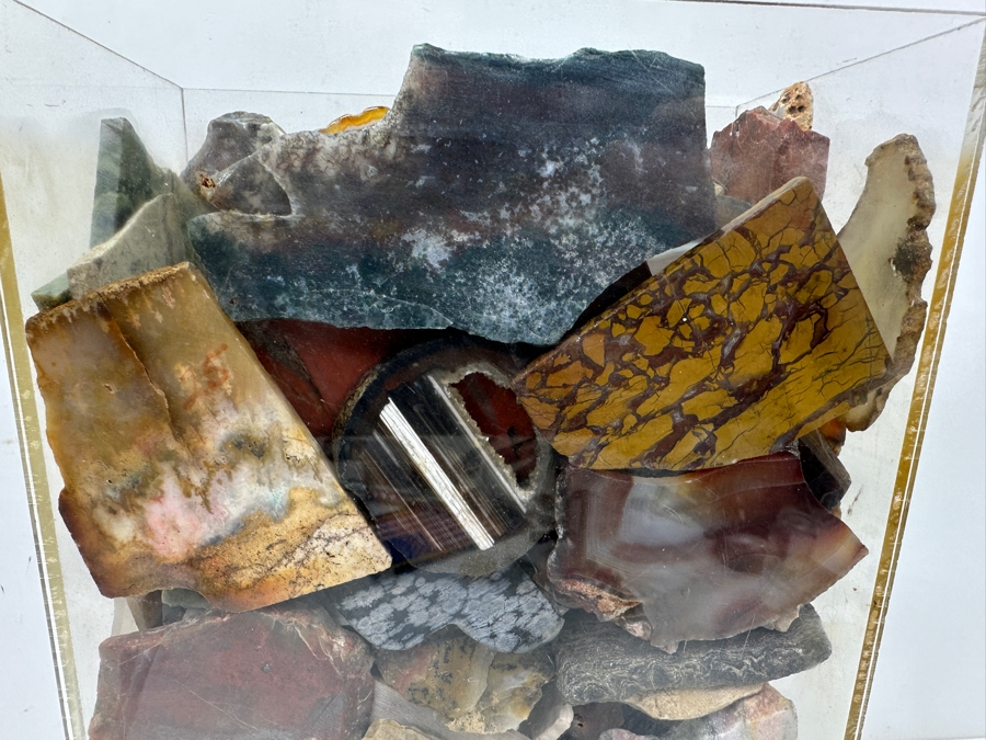 Just Added - Large Acrylic Jar Filled With Various Polished Agate Slices & Stones 8W X 5D X 13H Weighs 21lbs - See Photos [Photo 3]