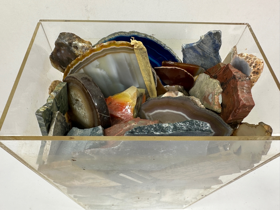 Just Added - Large Acrylic Jar Filled With Various Polished Agate Slices & Stones 8W X 5D X 13H Weighs 21lbs - See Photos [Photo 2]