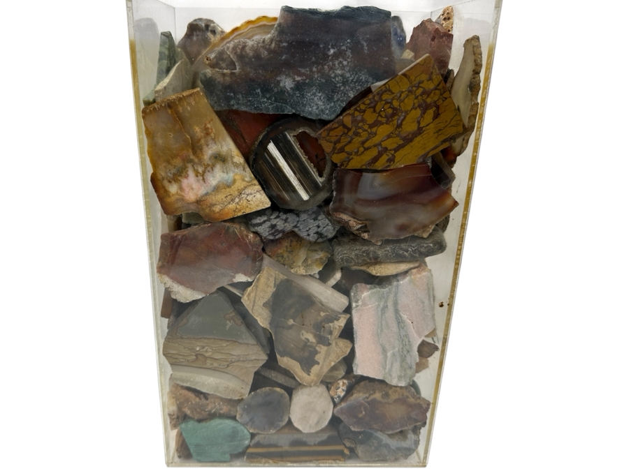 Just Added - Large Acrylic Jar Filled With Various Polished Agate Slices & Stones 8W X 5D X 13H Weighs 21lbs - See Photos