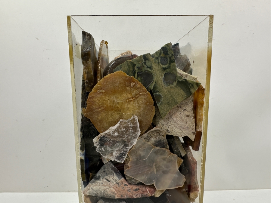 Just Added - Large Acrylic Jar Filled With Various Polished Agate Slices & Stones 8W X 5D X 13H Weighs 21lbs - See Photos [Photo 7]