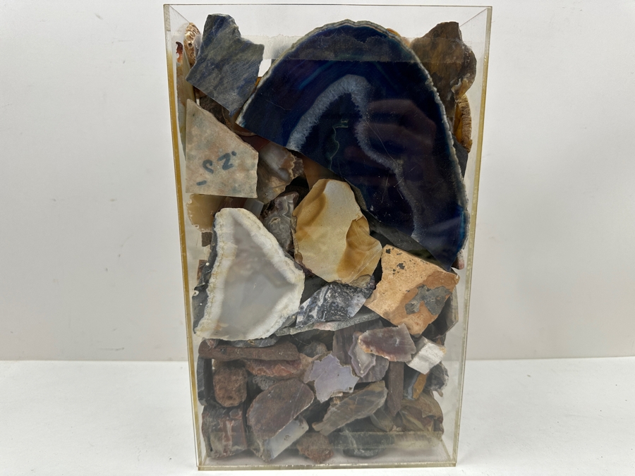 Just Added - Large Acrylic Jar Filled With Various Polished Agate Slices & Stones 8W X 5D X 13H Weighs 21lbs - See Photos [Photo 9]