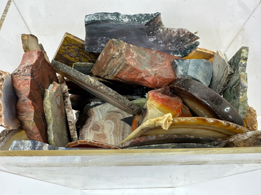 Just Added - Large Acrylic Jar Filled With Various Polished Agate Slices & Stones 8W X 5D X 13H Weighs 21lbs - See Photos [Photo 12]