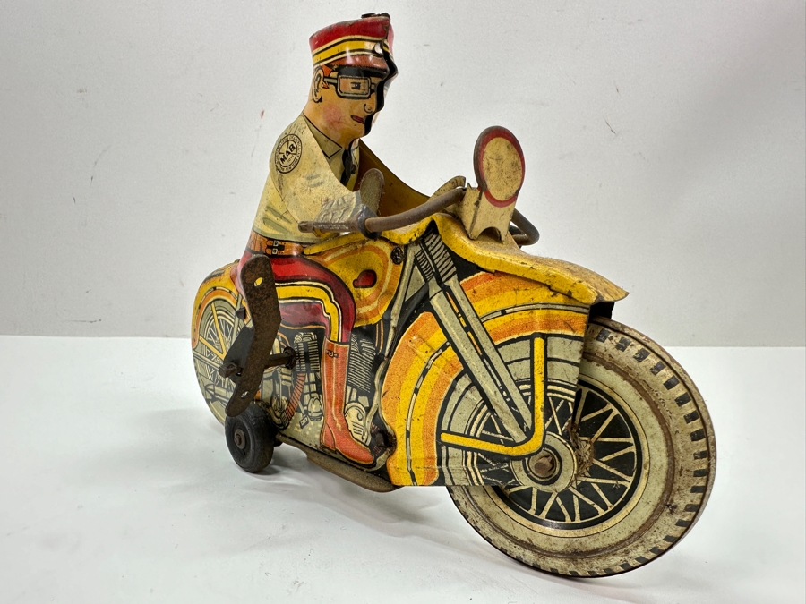 Just Added - Vintage 1940s Marx Toys Tin Litho Wind-Up Police Motorcycle Toy 8.5W X 6H [Photo 3]