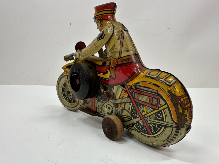 Just Added - Vintage 1940s Marx Toys Tin Litho Wind-Up Police Motorcycle Toy 8.5W X 6H [Photo 7]