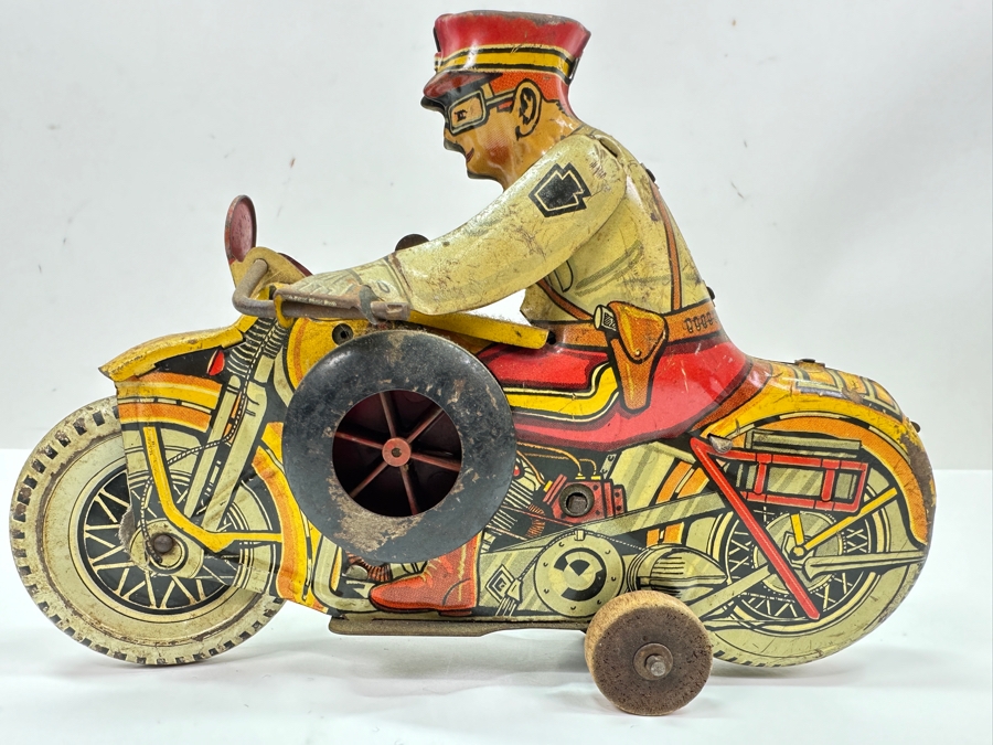 Just Added - Vintage 1940s Marx Toys Tin Litho Wind-Up Police Motorcycle Toy 8.5W X 6H [Photo 4]