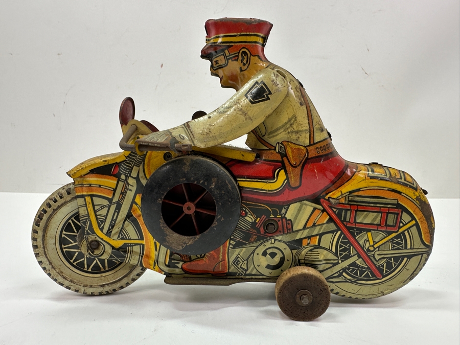 Just Added - Vintage 1940s Marx Toys Tin Litho Wind-Up Police Motorcycle Toy 8.5W X 6H [Photo 8]