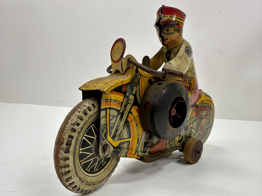 Just Added - Vintage 1940s Marx Toys Tin Litho Wind-Up Police Motorcycle Toy 8.5W X 6H [Photo 9]