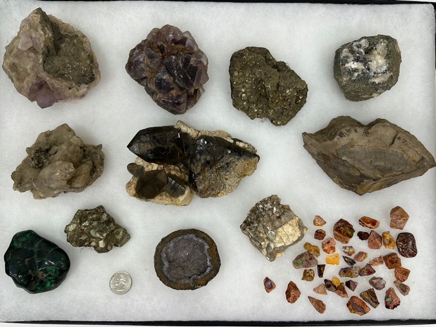 Just Added - Collection Of Various Rocks, Smoky Quartz, Amethyst, Petrified Wood, Opal Stones, Geodes, Malachite - See Photos