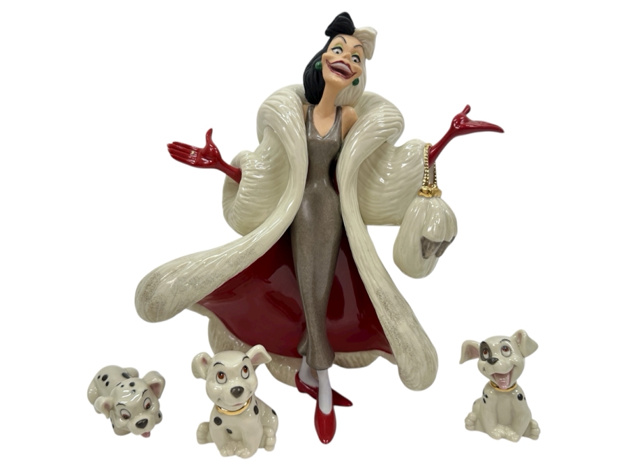 Walt Disney Showcase Lenox 101 Dalmatians Cruella De Vil Figurine With Three Dalmatians Figurines Hand Painted And Accented With 24k Gold With Original Box 8.5'H Retails $145