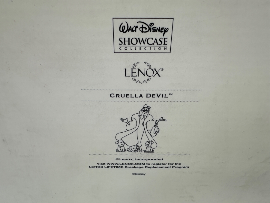 Walt Disney Showcase Lenox 101 Dalmatians Cruella De Vil Figurine With Three Dalmatians Figurines Hand Painted And Accented With 24k Gold With Original Box 8.5'H Retails $145 [Photo 12]