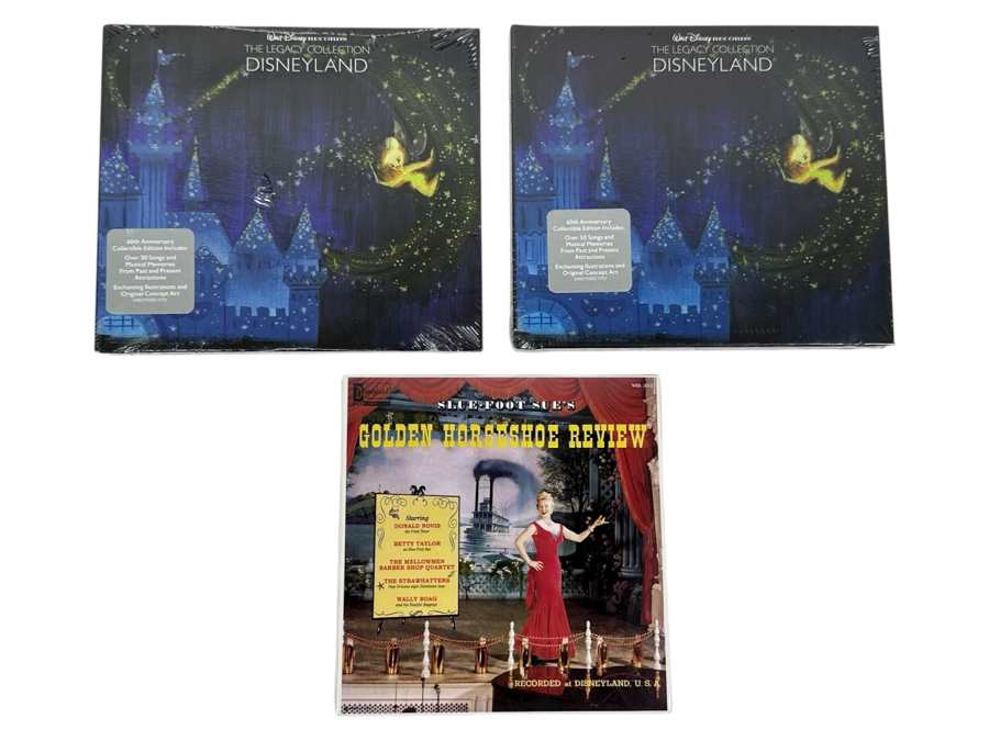 Pair Of Factory Sealed Walt Disney Records 60th Anniversary The Legacy Collection Disneyland CDs With Enchanting Illustrations And Original Concept Artwork And New Slue-Foot Sue's Golden Horseshoe Review CD Recorded At Disneyland