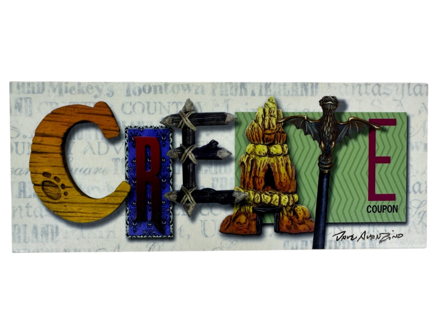 Disney Parks Dave Avanzino Artist Signed Wooden Print Titled 'Always Create' Signed Front And Back With Original Box 7.5W X 3D X 1.5H