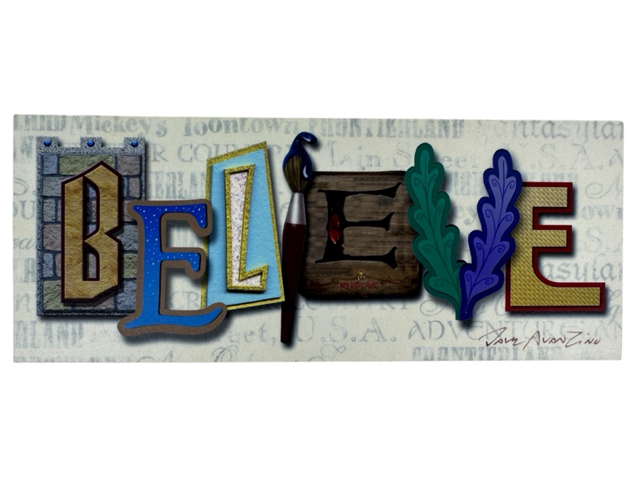 Disney Parks Dave Avanzino Artist Signed Wooden Print Titled 'Always Believe' Signed Front And Back With Original Box 7.5W X 3D X 1.5H
