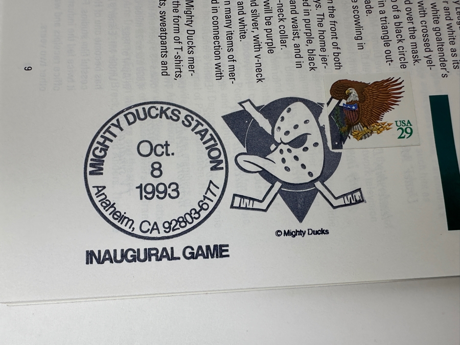 Anaheim Mighty Ducks Inaugural Game Program With First Day Cover Stamp Dated Oct. 8, 1993, Media Guide And 1993-94 Team Photo Print [Photo 9]