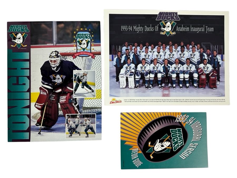 Anaheim Mighty Ducks Inaugural Game Program With First Day Cover Stamp Dated Oct. 8, 1993, Media Guide And 1993-94 Team Photo Print