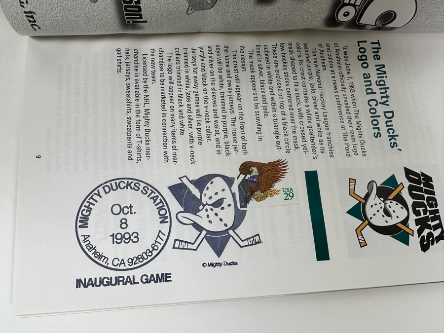 Anaheim Mighty Ducks Inaugural Game Program With First Day Cover Stamp Dated Oct. 8, 1993, Media Guide And 1993-94 Team Photo Print [Photo 8]