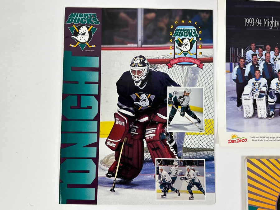 Anaheim Mighty Ducks Inaugural Game Program With First Day Cover Stamp Dated Oct. 8, 1993, Media Guide And 1993-94 Team Photo Print [Photo 2]