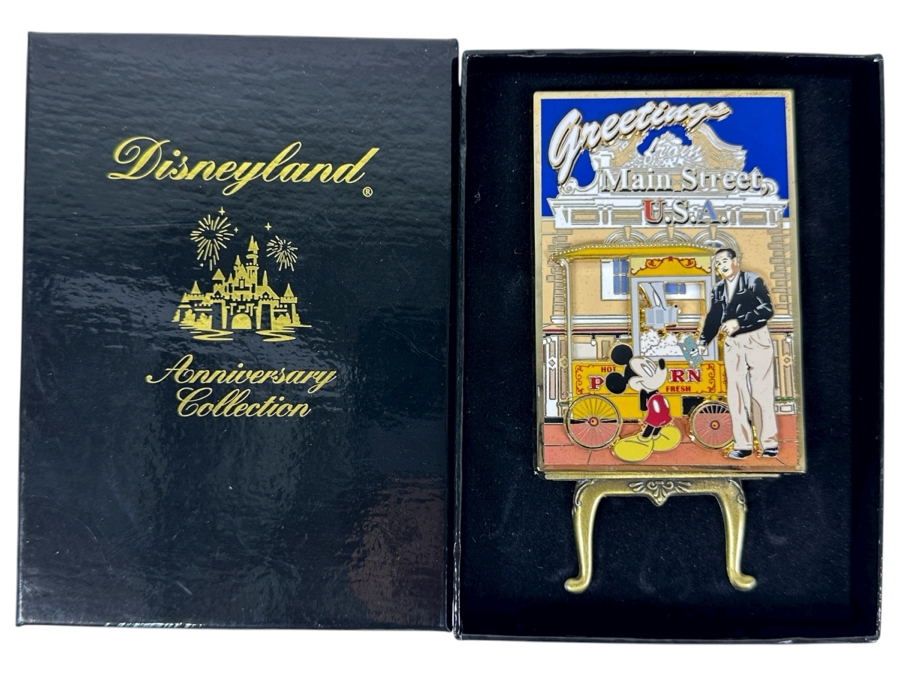 Disneyland Anniversary Collection Large Disney Trading Pin 'Greetings From Main Street, U.S.A.' Featuring Walt Disney And Mickey Mouse Disneyland 50th Anniversary Collectible Pin With Original Box