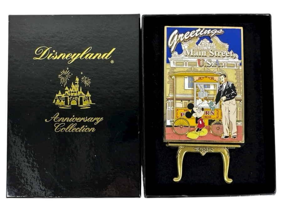 Disneyland Anniversary Collection Large Disney Trading Pin 'Greetings From Main Street, U.S.A.' Featuring Walt Disney And Mickey Mouse Disneyland 50th Anniversary Collectible Pin With Original Box