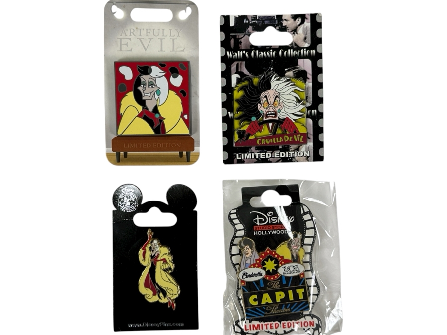 (3) Limited Edition Disney 101 Dalmatians Cruella De Vil Trading Pins And (1) Disney 101 Dalmatians Cruella De Vil Trading Pin