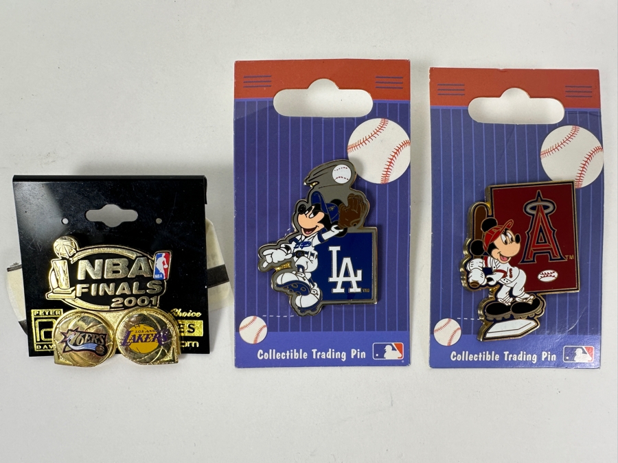 (2) Disney Collectible MLB Trading Pins Mickey Mouse LA Dodgers & Mickey Mouse Los Angeles Angels And (1) Peter David NBA Finals 2001 76ers Vs. Los Angeles Lakers Pin [Photo 5]
