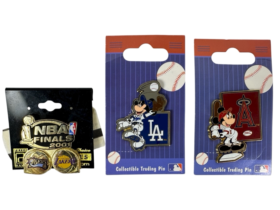 (2) Disney Collectible MLB Trading Pins Mickey Mouse LA Dodgers & Mickey Mouse Los Angeles Angels And (1) Peter David NBA Finals 2001 76ers Vs. Los Angeles Lakers Pin