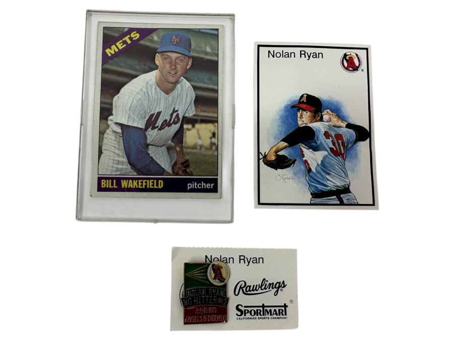 Nolan Ryan No Hitter #2 July 15, 1973 Pin, Nolan Ryan Baseball Card & Bill Wakefield Mets Pitcher Baseball Card