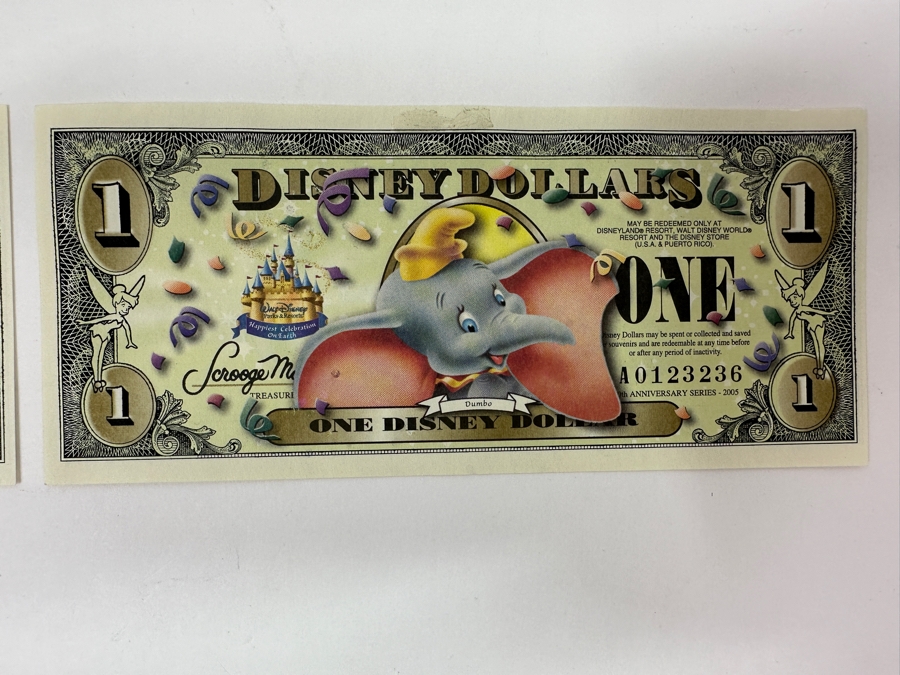 (2) 2005 Anniversary Series $1 One Disney Dollars Featuring Dumbo [Photo 8]