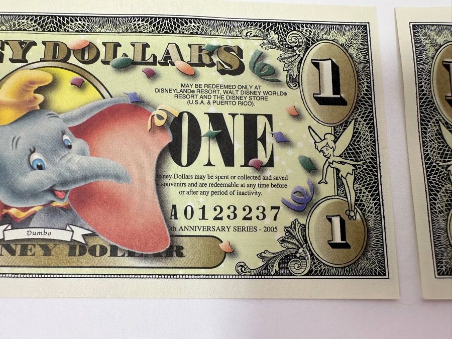 (2) 2005 Anniversary Series $1 One Disney Dollars Featuring Dumbo [Photo 7]
