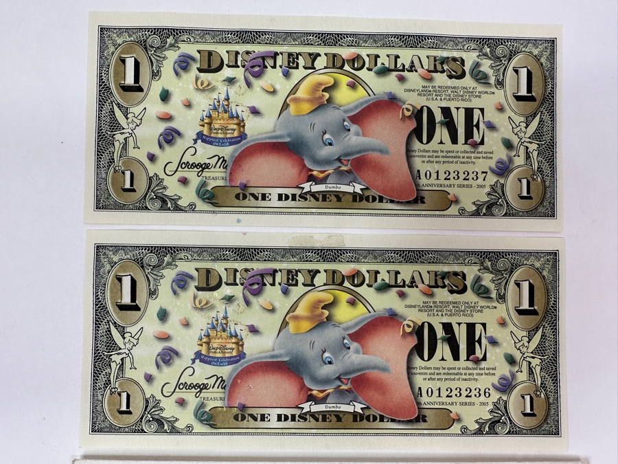 (2) 2005 Anniversary Series $1 One Disney Dollars Featuring Dumbo [Photo 2]