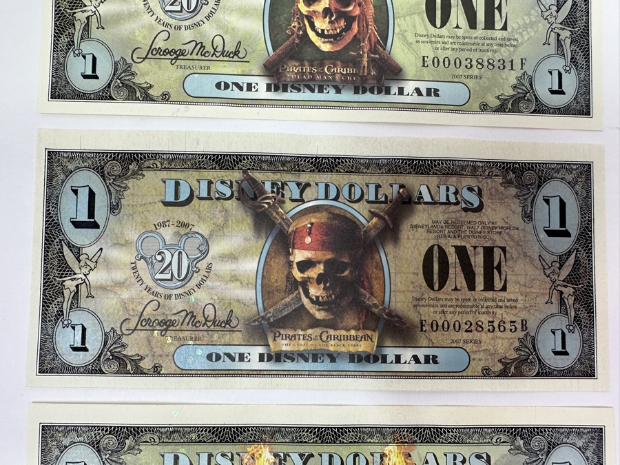 (6) Uncirculated 2007 Series Pirates Of The Caribbean $1 Dollar Disney Dollars Flying Dutchman, Empress & Black Pearl [Photo 3]