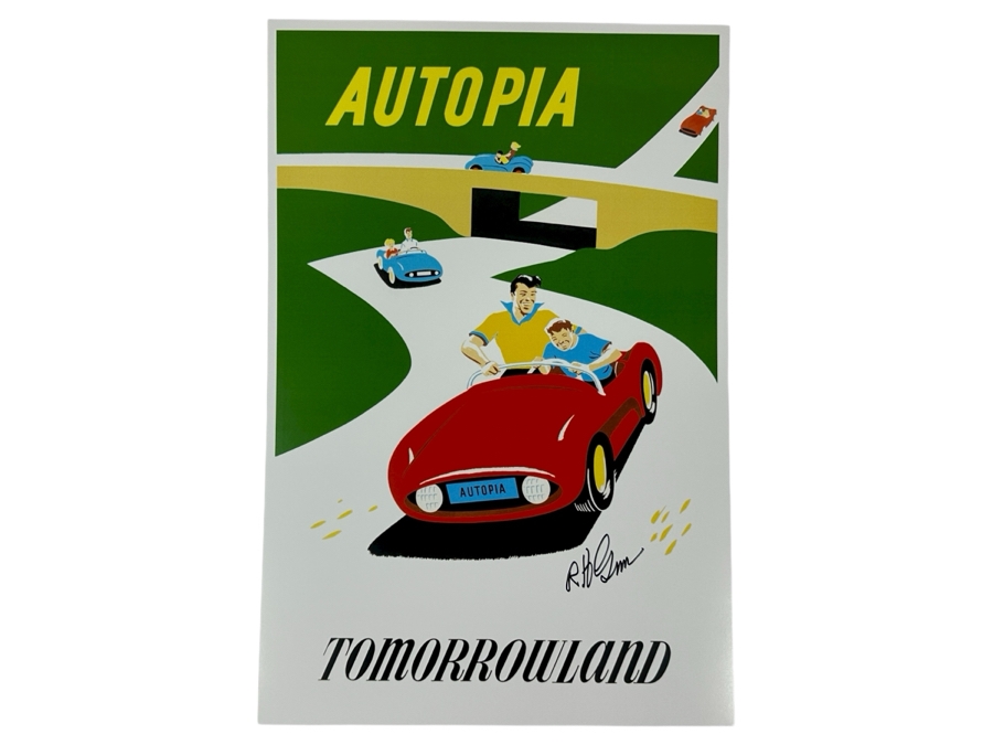 Artist Signed Walt Disney's Autopia Tomorrowland Disneyland Attraction Poster Signed By Disney Legend Imagineer Bob Gurr 12' X 18'
