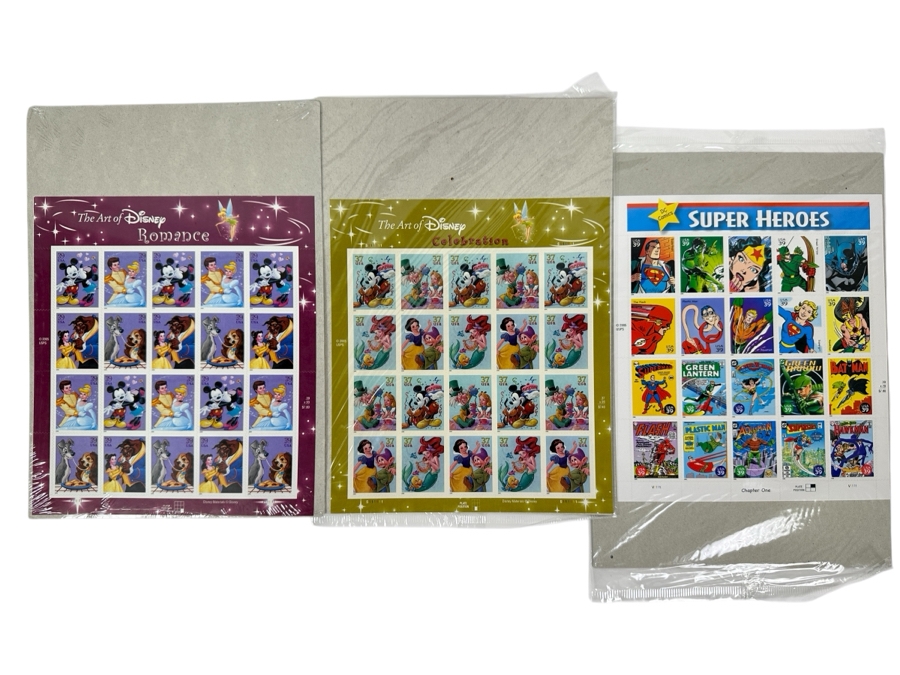 The Art Of Disney Romance Mint Stamps Sheet, The Art Of Disney Celebration Mint Stamps Sheet And DC Comics Super Heroes Mint Stamps Sheet