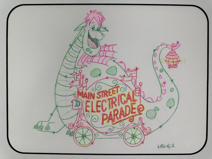 Original Disneyland Disney Parks Hand-Drawn Illustration Of Elliot The Dragon From The Movie Pete's Dragon From The Main Street Electrical Parade Artist Signed 11 X 8.5