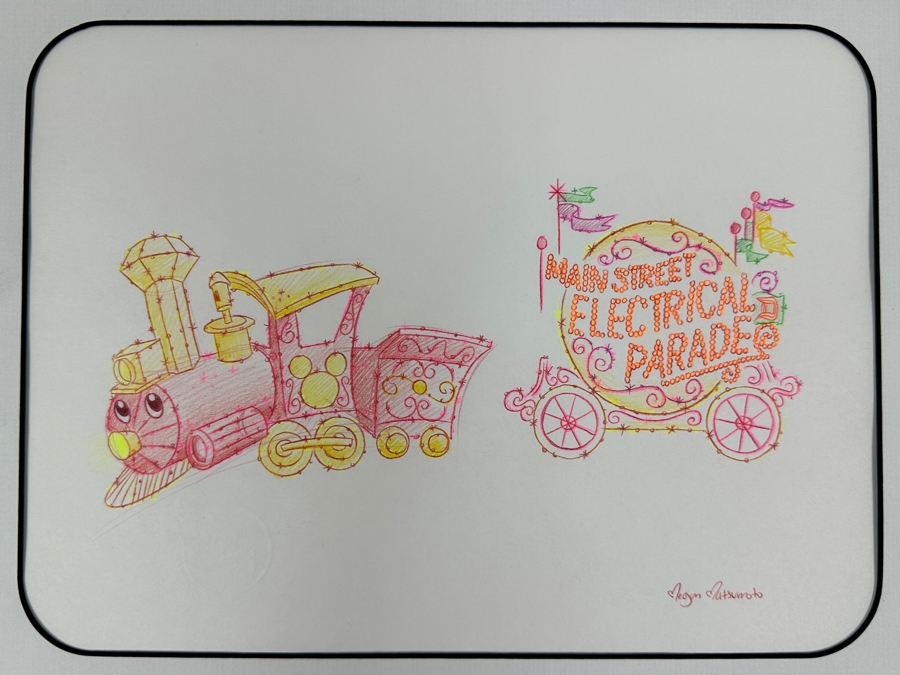 Original Disneyland Disney Parks Megan Matsumoto Hand-Drawn Illustration Of The Main Street Electrical Parade Floats Artist Signed 11 X 8.5