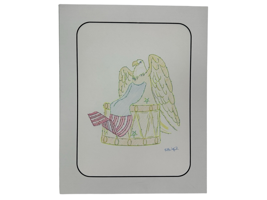 Original Disneyland Disney Parks Hand-Drawn Patriotic Illustration Of Eagle Perched Atop Drum With An American Flag Draped Over It Artist Signed Glows In Dark With Black Light 11 X 8.5 [Photo 2]