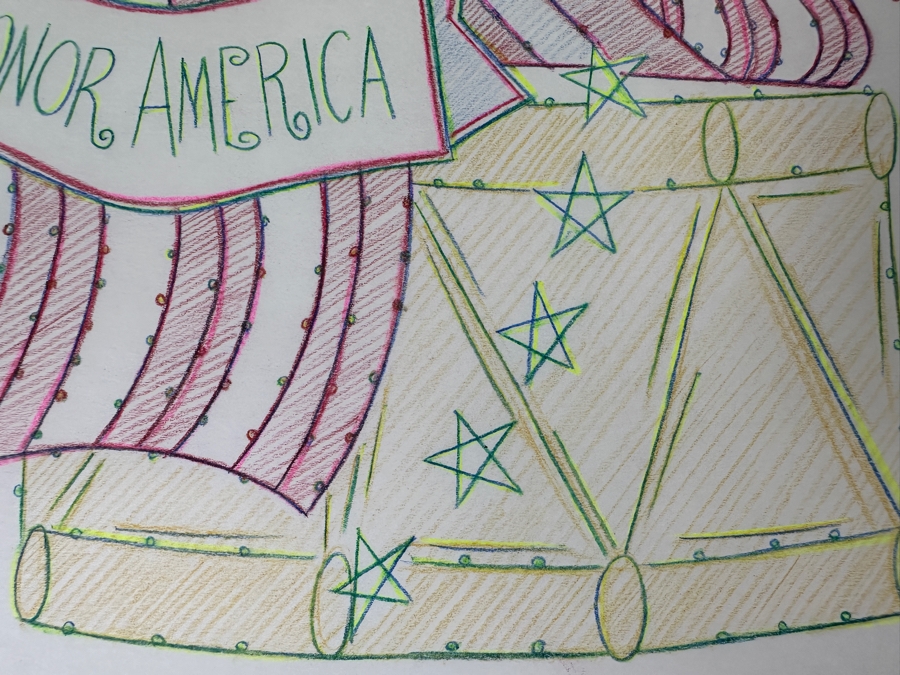 Original Disneyland Disney Parks Hand-Drawn Patriotic Illustration Of Drum With An American Flag Draped Over It 'To Honor America' Artist Signed Glows In Dark With Black Light 11 X 8.5 [Photo 5]