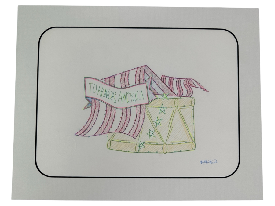 Original Disneyland Disney Parks Hand-Drawn Patriotic Illustration Of Drum With An American Flag Draped Over It 'To Honor America' Artist Signed Glows In Dark With Black Light 11 X 8.5 [Photo 2]