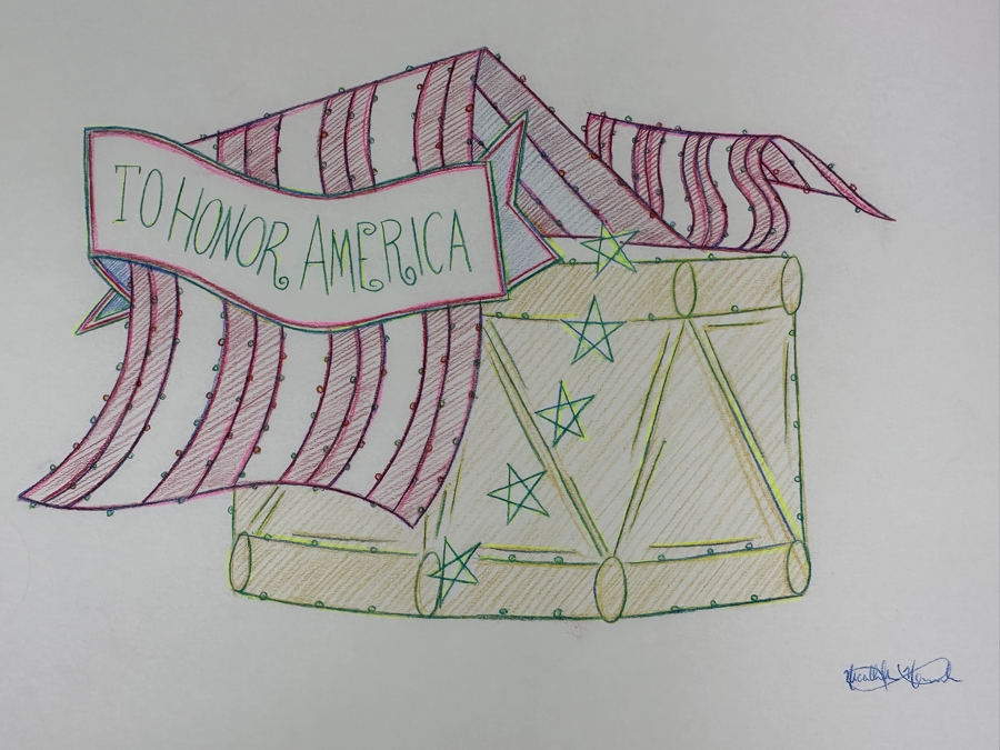 Original Disneyland Disney Parks Hand-Drawn Patriotic Illustration Of Drum With An American Flag Draped Over It 'To Honor America' Artist Signed Glows In Dark With Black Light 11 X 8.5 [Photo 4]